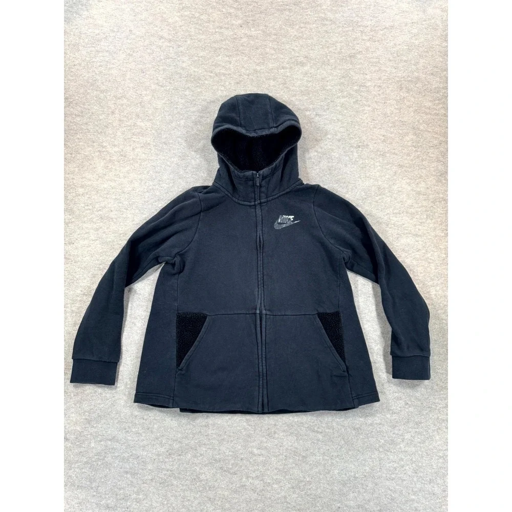 Nike Hoodie Girls XL Navy Sherpa Lined Swoosh Full Zip AV8422-010